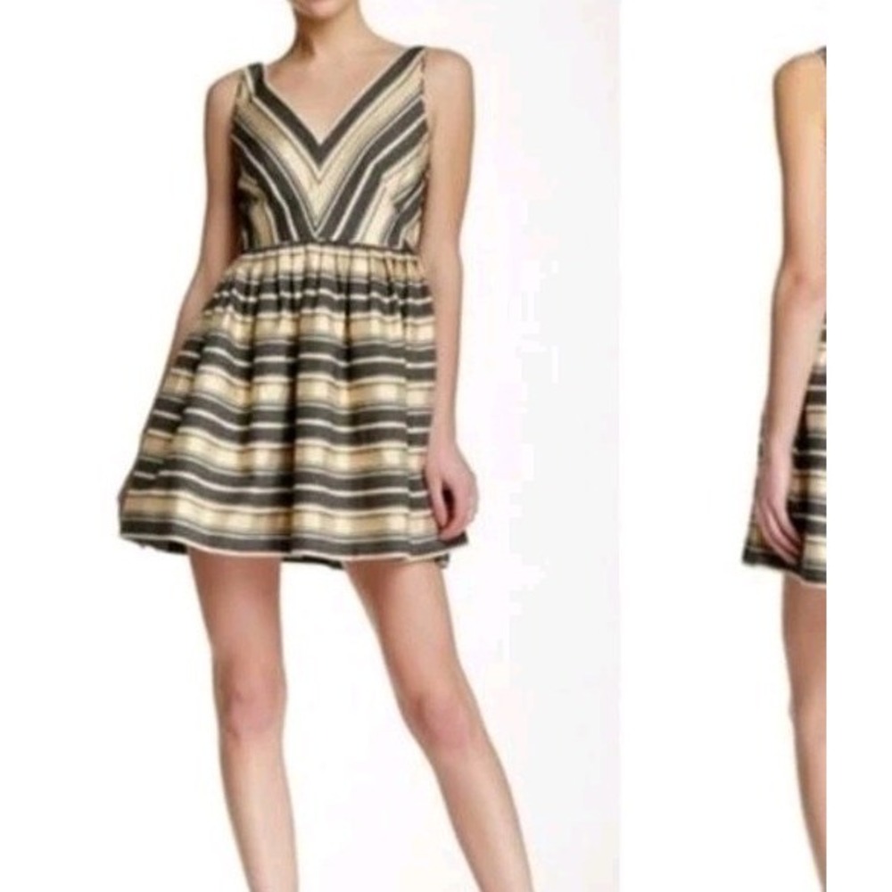 J.Crew Factory Size 2 Gold  Striped Sleeveless Fit & Flare‎ Dress Prom Pockets